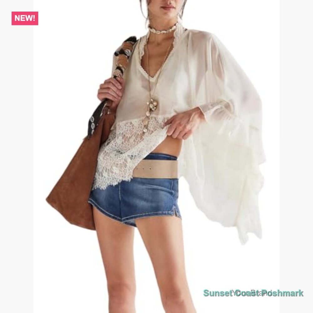 Sheer Poncho Top Batwing Sleeve V Neck Lace Ruffle Blouse - Picture 2 of 4